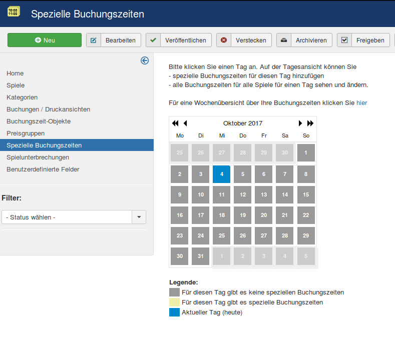 backend spezielle buchungszeiten